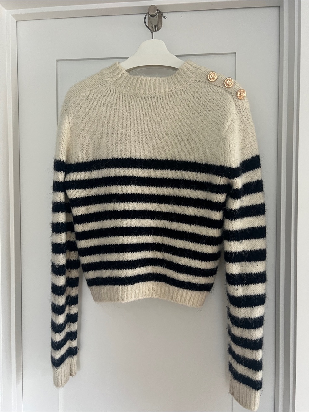 Zara Cream and NavyStriped Crewneck Sweater with Gold Shoulder Buttons